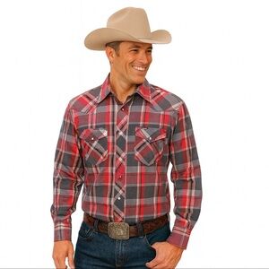 Wrangler Men’s Cowboy Cut Western Shirt Red Gray Plaid X-Long Tails 16.5x36